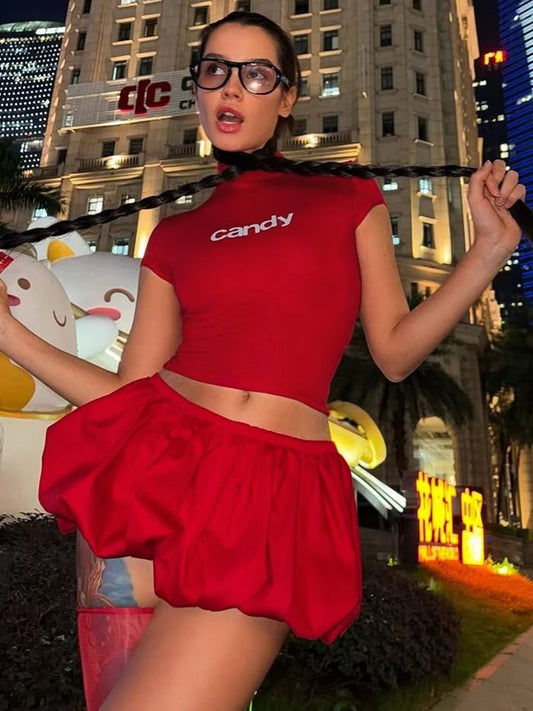 NEW 2PCS Set Black/Red Color Hottie Casual Set Women  Mini Skirts Shorts Sleeve Crop Tops +Puffy Skirt Simple Basic Matching Streetwear Outfits