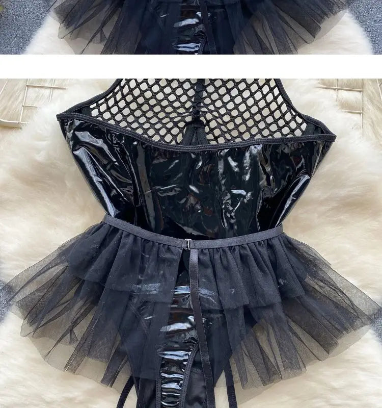Women Sexy Halter PU Leather Patchwork Mesh Jumpsuit Bunny Girl Cosplay Uniform Lace Slim Hollow Out Bodysuit Short Skirt Pant Female Lingerie Fashion Clothing Apparel Supplies