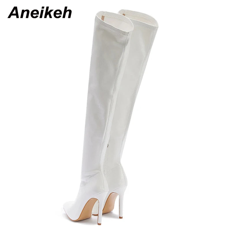 White Sexy Over-the-Knee Side Zipper Slip-On Pointed Toe Shoes NEW Fashion Striped Thin Heels Ladies Boots