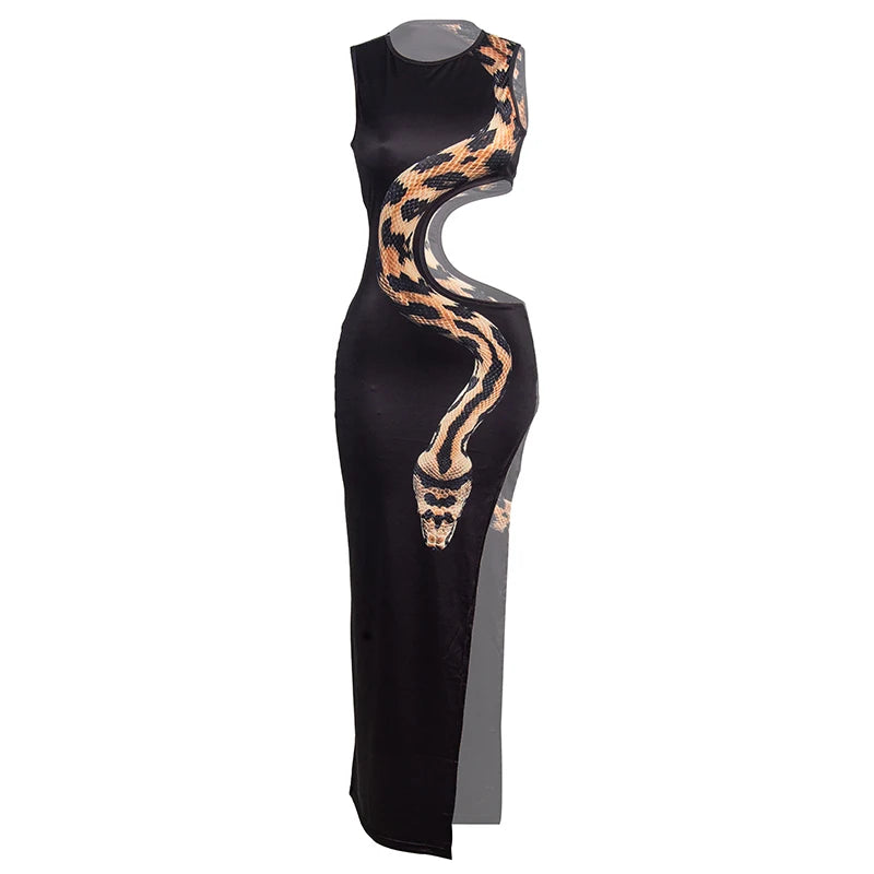 NEW Arrivals Women Girls Luxury Snakeskin Dress Woman Summer Evening Party Dress Sexy Hollow Sleeveless Splits O-Neck Fashion Coquette Night Party Clubwear Skinny Outfit Female Ladies Luxury Fashion Clothing Supplies