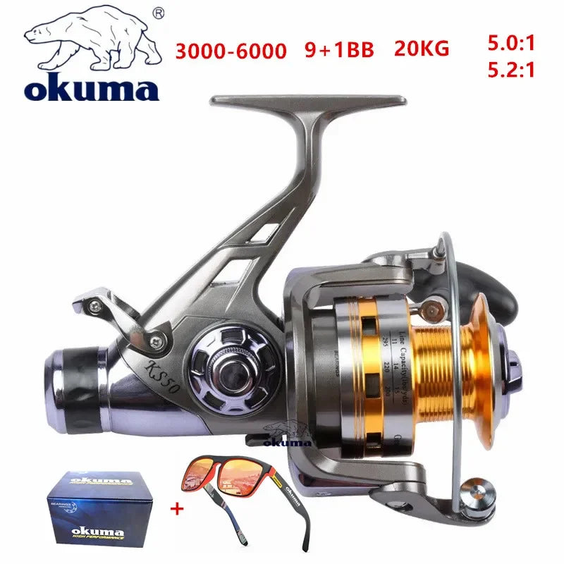 Original OKUMA Metal Wire Cup Professional Japanese High Speed Fishing Spinning Lightweight Reel 20KG9+1BB Front and Rear Brakes for Long-Distance Sea Boat River Lakes Fishing Vessel 3000-6000
