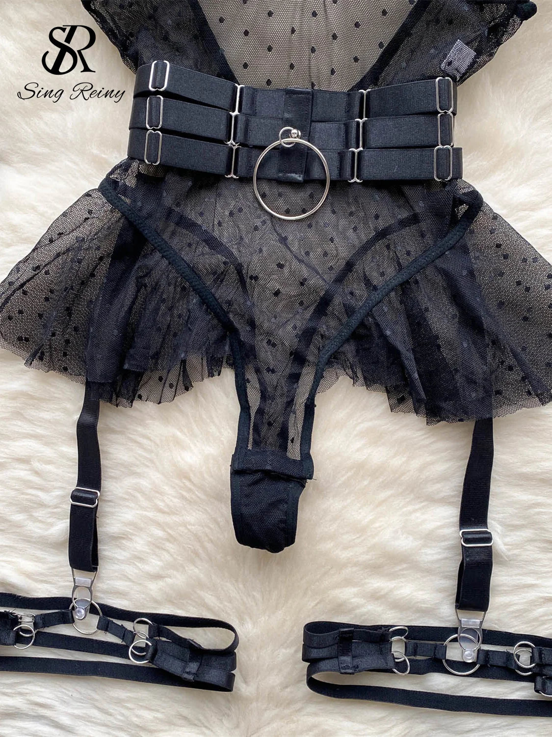 Sheer Round Dot Sexy Bodysuits Women Halter Ruffles Belt Slim Lingerie Little Devil Apparel Erotic Porn Mesh Playsuit