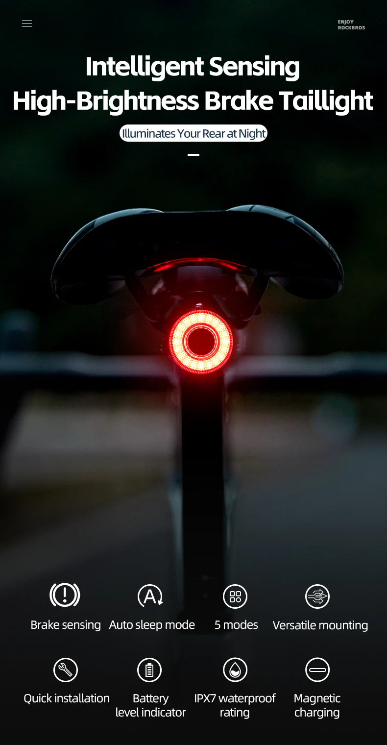 Smart Bike Tail Light Bicycle Rear Lights IPX6 Waterproof Bike Lights for Night Riding with Type C Rechargeable Bicycle Accessories