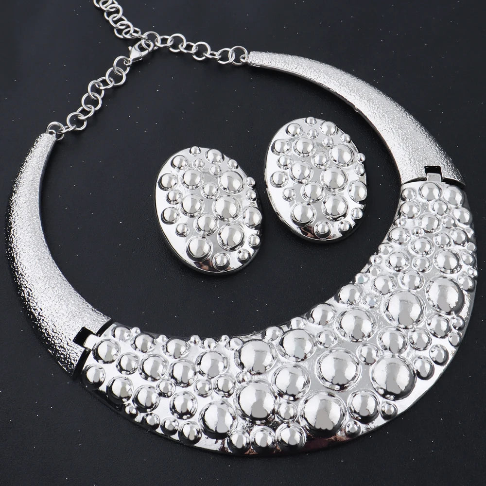 Dubai 24k Gold and Silver Plated Jewelry Set Luxury Women Original Necklace Earrings Pearl Bracelet Ring Bridal Evening Wedding Party Business Dinner Red Carpet Jewelry Luxury Gift for Wife Girlfriend