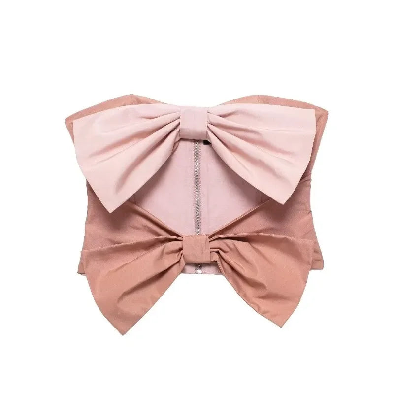 NEW Arrivals Spring Summer Women Design Vintage Big Bow Strapless Taffeta Short Tops Fashion Cute Sexy Backless Slim Tanks Female Tops Elegant Tops