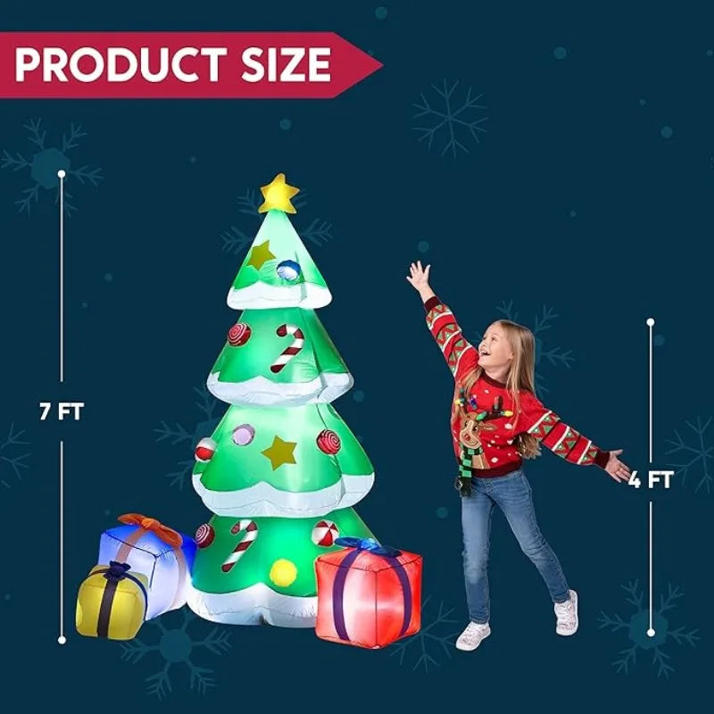 2.1M/7FT Xmas Inflatable Tree Set Ornament 3 Gift Boxes Christmas Trees Build-in LED Lights Indoor Party Outdoor Garden Props Decoration