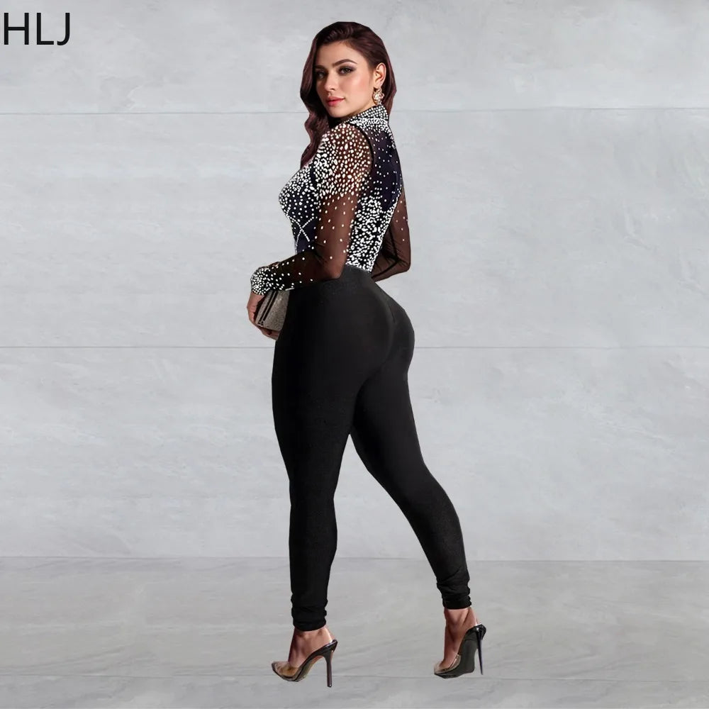 Low-Price Sales are Limited NEW S-2XL Black/Apricot Rhinestones Mesh See Though Bodycon Evening Night Club Party Jumpsuits Women Round Neck Long Sleeve Slim Playsuits Sexy Overalls Girls Ladies Luxury Fashion Clothing Supplie