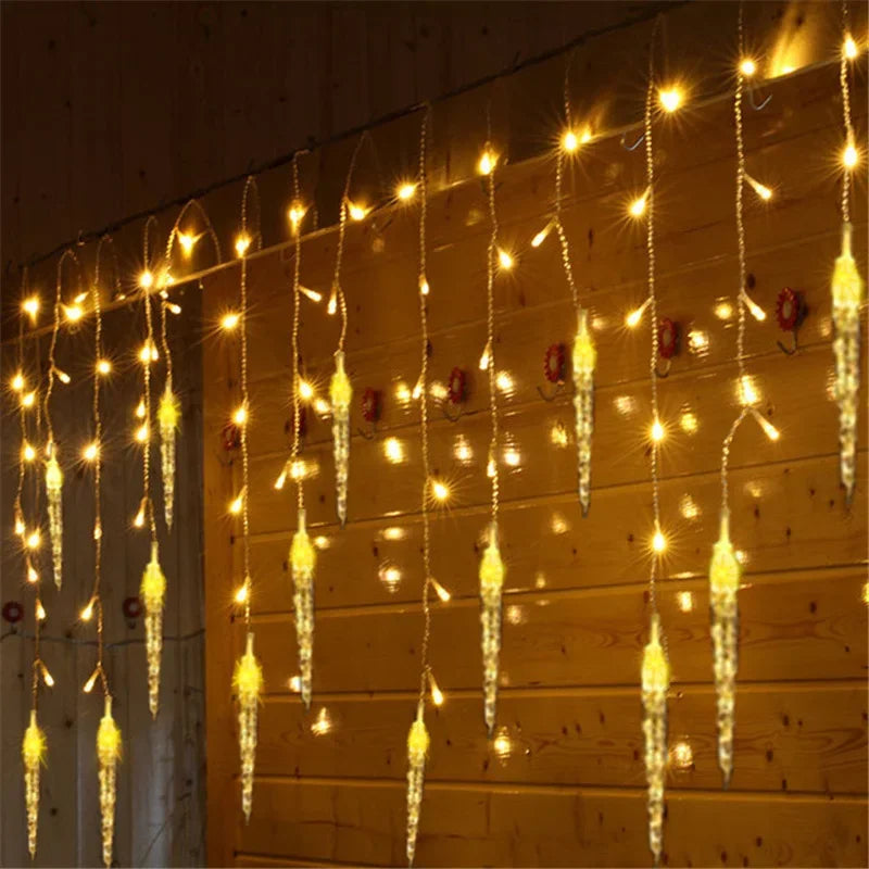 Christmas LED Icicle Fairy Lights with 16 Drops 8 Modes Window Curtain Light Indoor Outdoor Garden Wedding Party String Lights New Year Eve Decoration Supplies