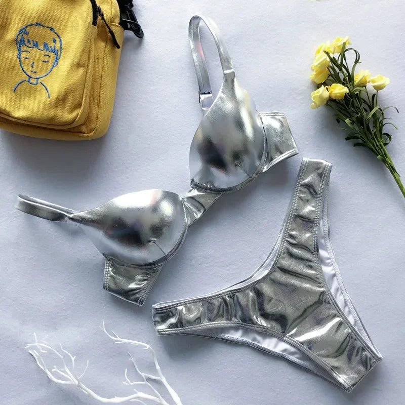 NEW Arrivals 4 Colors Sexy Ladies Metallic Summer Push Up Padded Bra Bathing Suit Beach Wear Women Sexy Thong Bikini Set Silver Gold Swimwear Suit