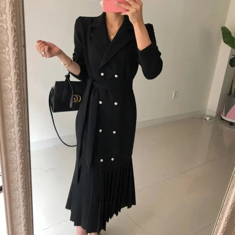 NEW Arrivals Italian Women Autumn Black Coat Double Breasted Notched Long Trench Female New Fashion Winter High Waist Outwears Slim Solid Windbreaker Office Lady Luxury Fashion Clothing Supplies