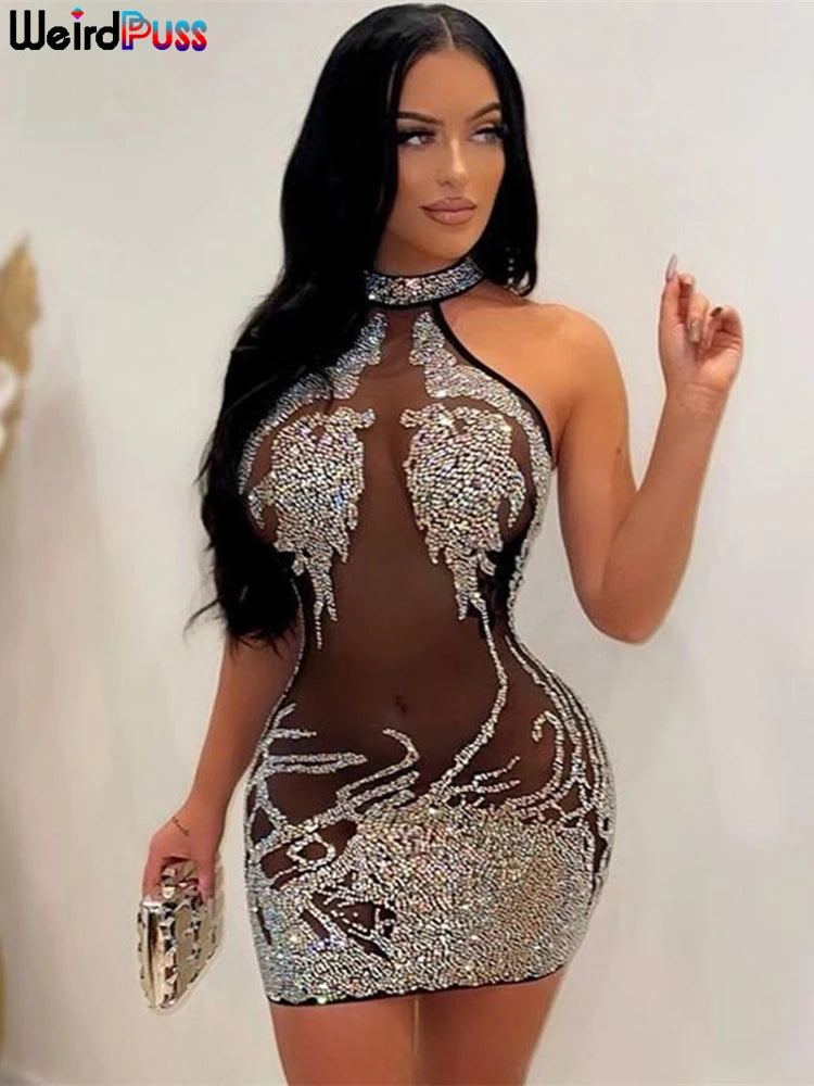 S-2XL Gold/Silvery Color Sexy Skinny Women See Through Luxury Dress Mesh Shiny Rhinestones Transparent  Coquette Mini Bodycon Hot Girls Ball Gown Party Night Clubwear Mini Dress