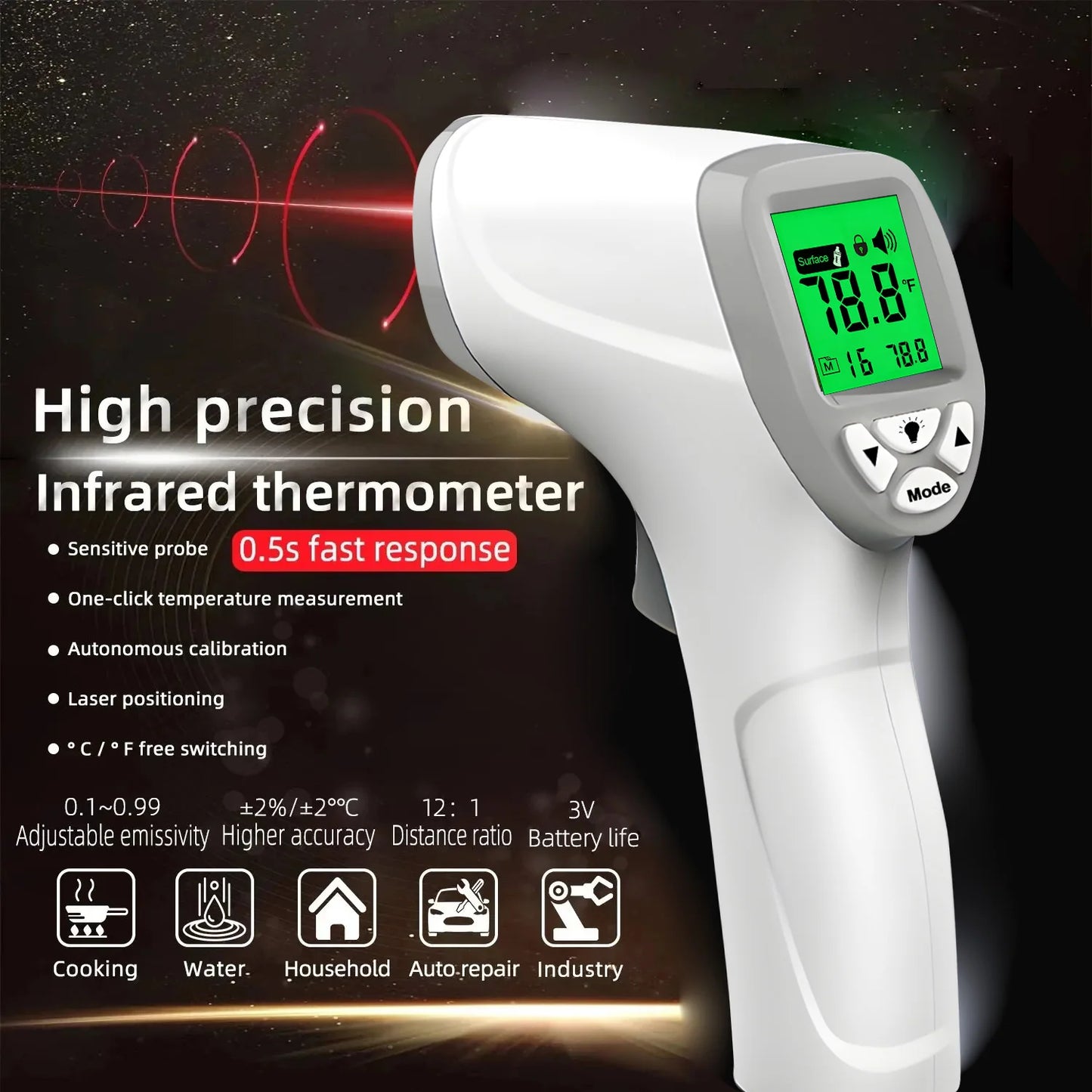 Digital Infrared Multi-Purpose Baking Oven Food Cooking Temperature Meter Measure Thermometer Outdoor Pyrometer Laser High Temperature Meter Food Kitchen Thermometers Adjust Heat Meter