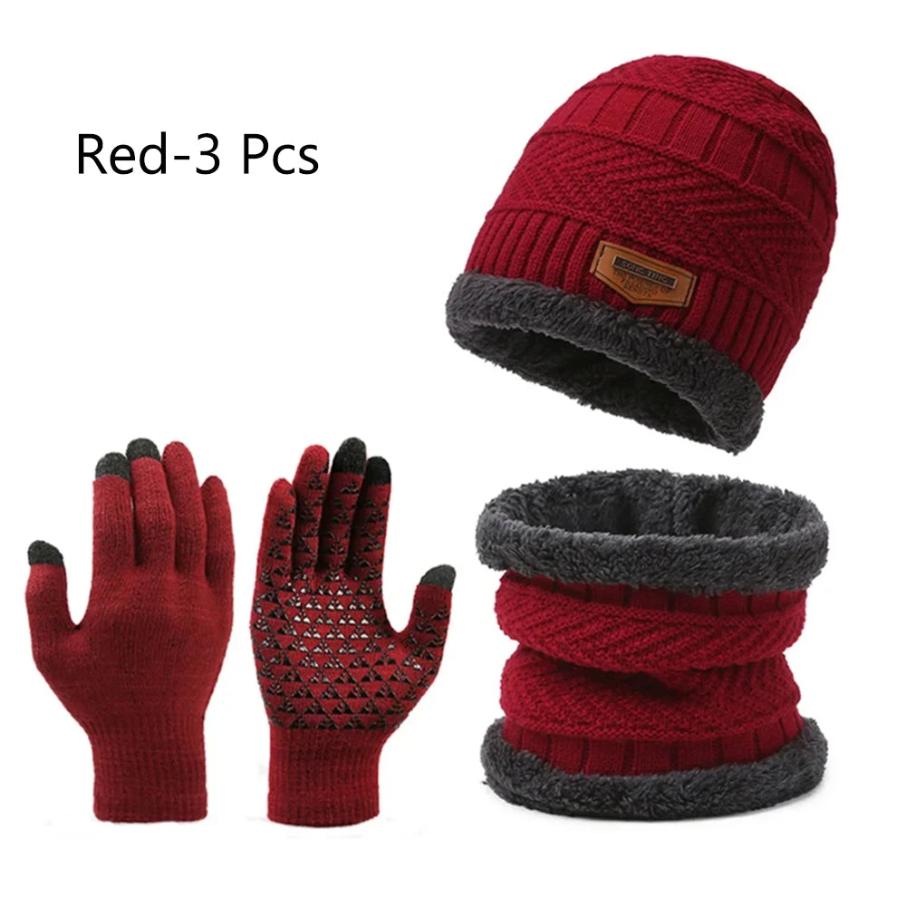 3 PCS Set Winter Fleece Thicken Windproof Hat Gloves Scarf Set Plush Warm Wool Knit Beanies for Men And Women
