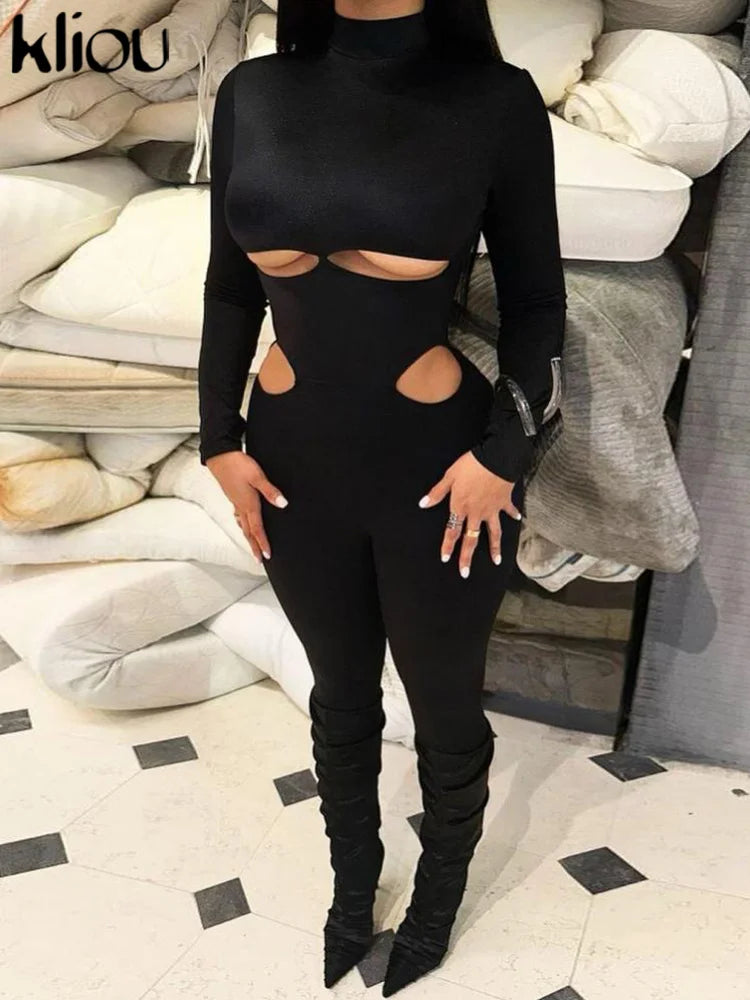 Solid Concise Jumpsuits Women Basic Autumn Long Sleeve Stand Neck Hollow Out Skinny One Piece Female Classic Activewear