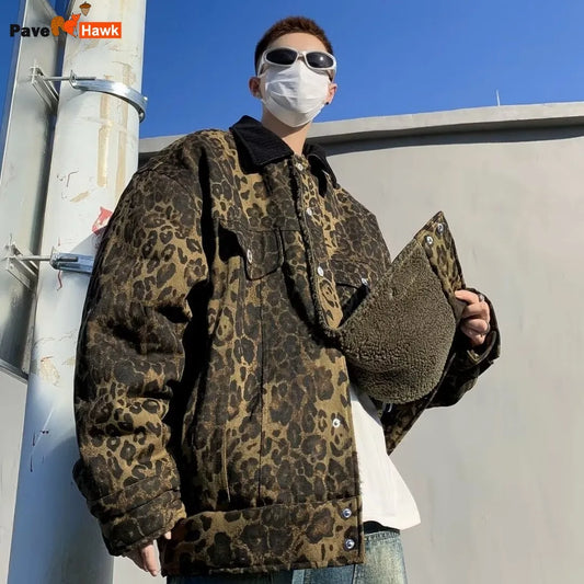MEN High Quality Luxury Leopard Padded Double-Sided Thicken Jacket Men Fashion Supplies Vintage Winter Snow Clothes Products Lambswool Warm Coat American Loose Warm Parkas Hip Hop Outwear Men Luxury Fashion Clothing Supplies