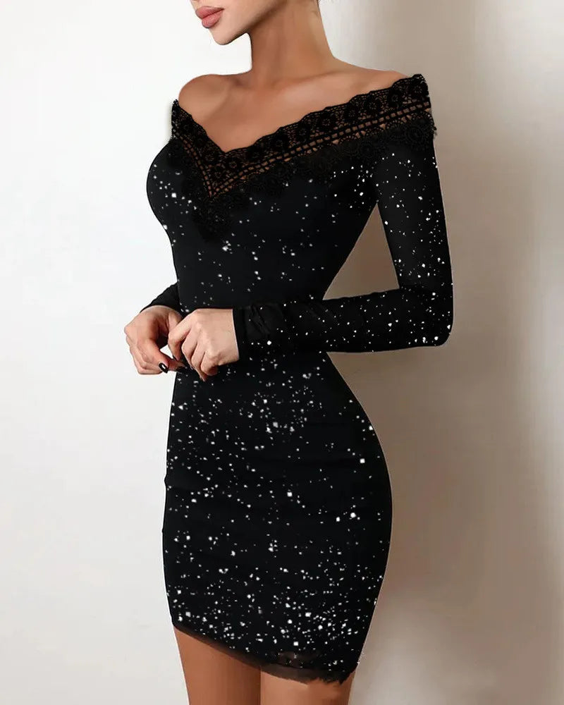New Arrivals Luxury Spring Women's Female Elegance, Leisure, Sexy Long Sleeved Lace Edge, One Shoulder Silver Powder Sprinkled Dress Evening Wedding Birthday Party Night Clubwear Girls Ladies Luxury Fashion Clothing Supplies