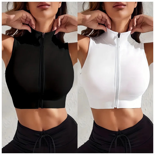 NEW Arrivals 2pcs Black + White Set Women's Close-Fitting Breathable Sexy Yoga Zipper Exercise Fitness Vest Top Outdoor Running Gym Sleeveless Tops Ladies Sports Fashion Clothing Supplies