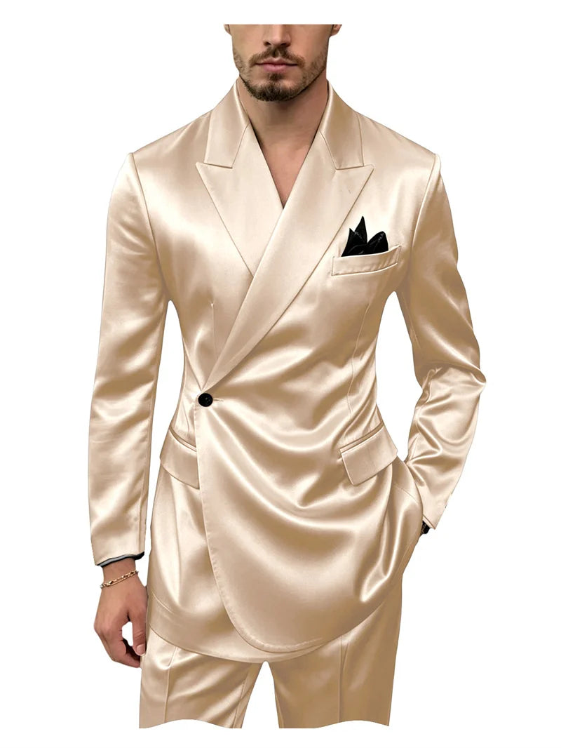 8 Colors 2 PCS Set S-7XL Extra Plus Size Men's Luxury Satin Suit Asymmetrical Wrap Peak Lapel Silk Suit One Button Slim Fit Blazer Pants Wedding Celebrity Red Carpet Business Formal Evening Luxury Outfit