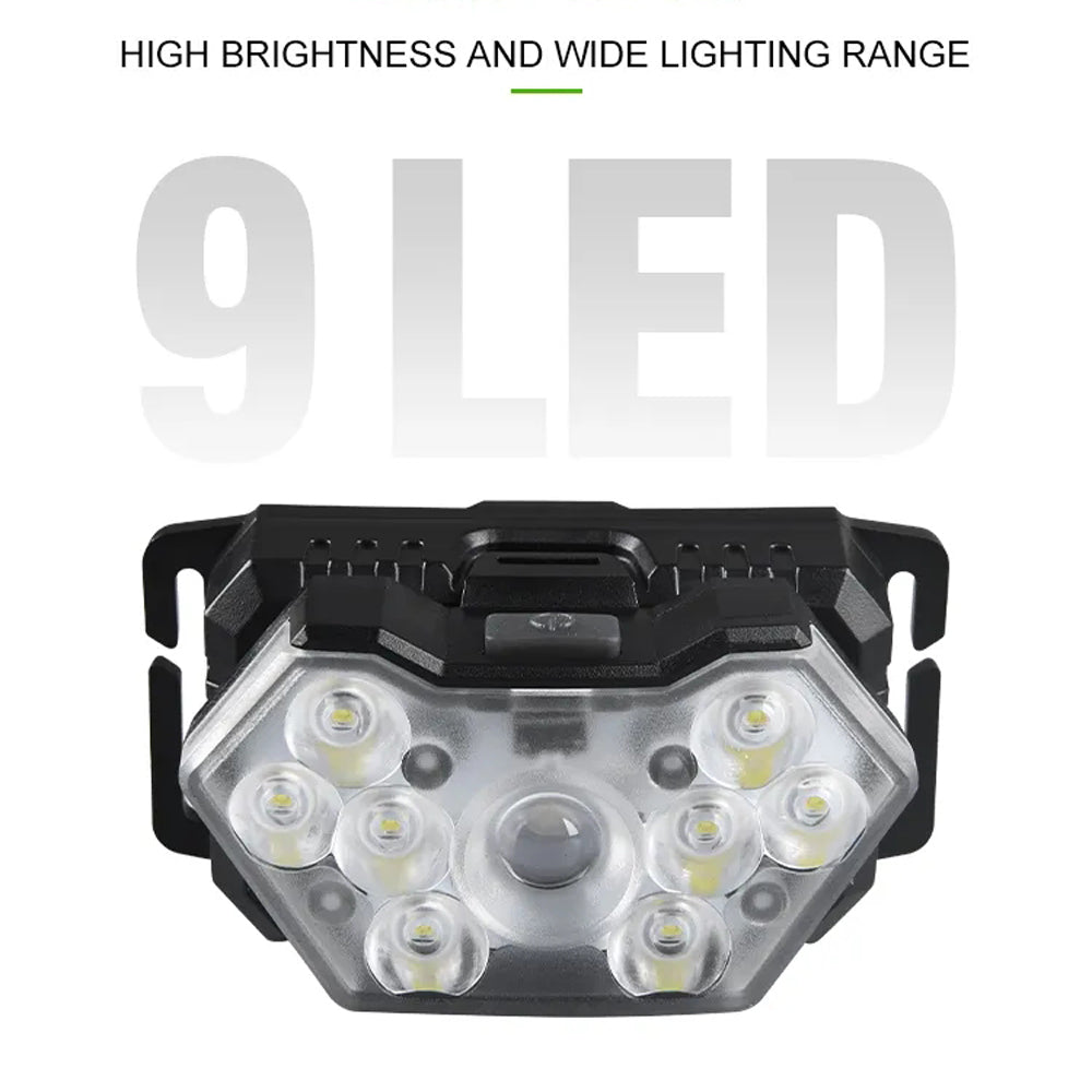 NEW Arrivals 9 Led 2000 Lumen Powerful Strong Light Headlamp USB Rechargeable Motion Sensor Headlight Portable Fishing Camping Sports Cycling Outdoor Hiking Head Lamp Work Flashlight