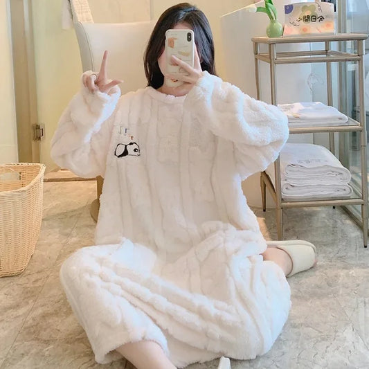 NEW Adorable M-5XL Plus Size 7 Colors Fleece Lined Long Plush Sleepwear Winter Thickened Princess Style Women's Nightgown Floral Embroidery Mid-Length Dress