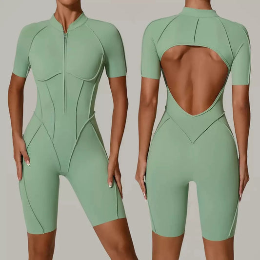 15 Colors Seamless Yoga Jumpsuits Sports Fitness Zipper Hip-Lifting Short-Sleeved Backless Workout Gym Shorts Bodysuits for Women