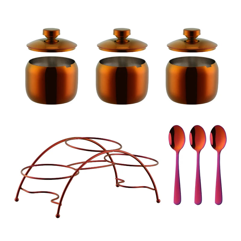 3 PCS Luxury Set + 3 Matching Spoons 304 Stainless Steel Gold Seasoning Condiment Pot Set Spice Salt Sugar Container Pepper Jar Tool with Lid and Spoon Holder Rack Home Tableware Tools Sets