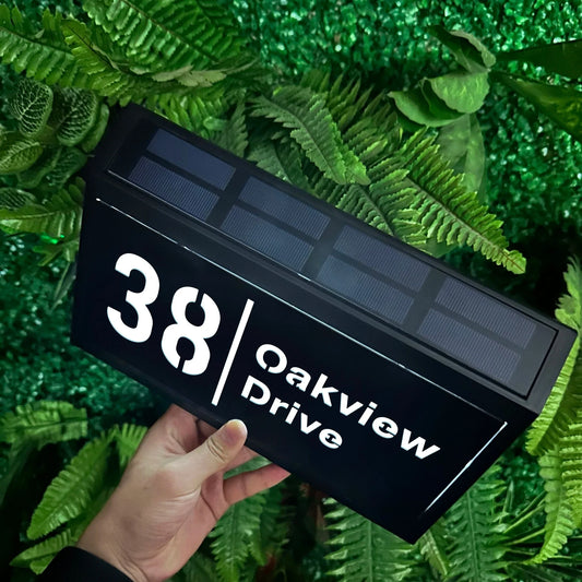 Matte Black/Glossy Gray Color 28cmx18cm Custom Solar LED Powered LED Lights Address Plaque, Modern Acrylic House Number Plate, Durable Outdoor Waterproof Door & Wall Sign Home