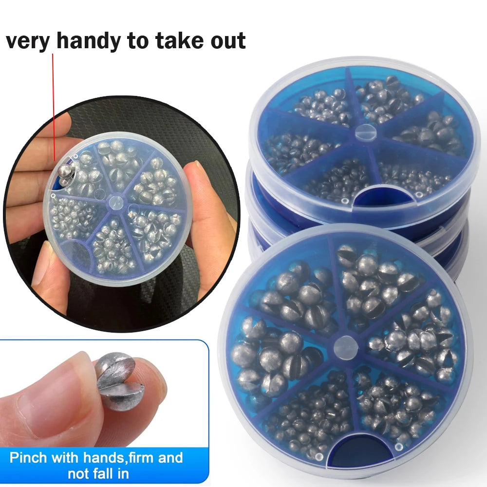 500 PCS Set Split Shot Fishing Sinkers 0.06g-5g 10 Removable Clip-On Alloy Weights 2mm-9.4mm Tackle Box  for Freshwater Saltwater Lake River Sea Boat Fishing Accessories Tools Set