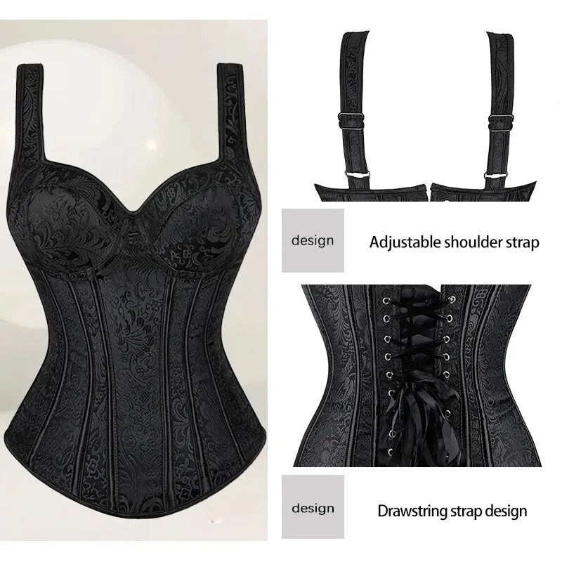 Women's Sexy V-Neck Shoulder Strap Tight Fitting Corset with Side Zipper Floral Jacquard Slim Fit and Shape Wear