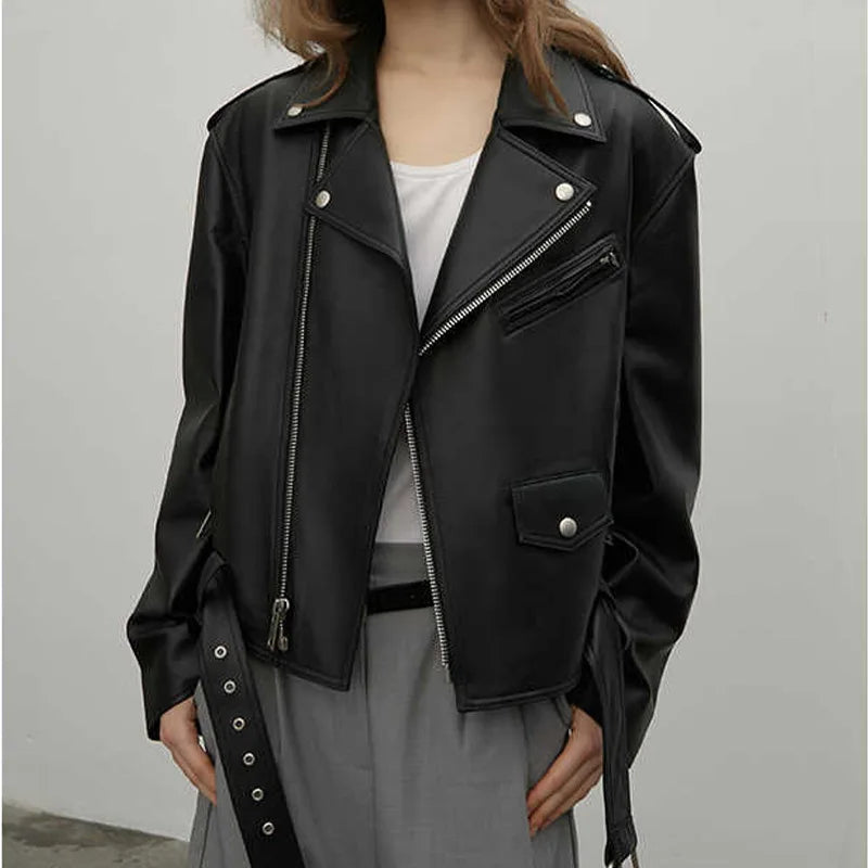 New Women's Motojacket Genuine Sheepskin Leather Jackets Lady Fashion Moto Biker Leather Coats Streetwear Zipper