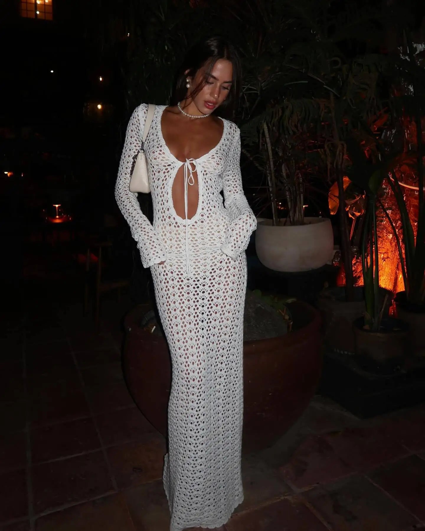 NEW Handmade Sexy Cut Out Beachwear Swimsuit Cover Up  Women Summer Autumn Boho White Knit Long Sleeve V Neck Tie Beach Maxi Dress A2970