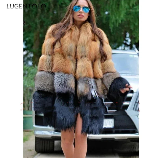 BIG SAVE "S-4XL" Luxury High Quality Women Long Faux Fur Coat Winter Snow Streetwear Fashion Supplies Large Size Thick Warm Fur Jacket Yellow and Black Contrast Stitching Cardigan Cloth Girls Office Ladies Winter Luxury Fashi