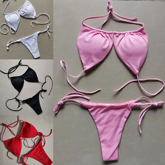 2 PCS Set S-XL Multi-Colors Summer Women's Sexy Bikini Push-Up Padded Bra Brazilian Thong Split Swimwear Female Bandage Bathing Suit Adjustable Lacing Swimsuit Solid
