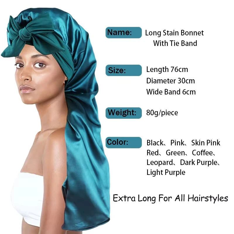 Soft Silky Long Satin Bonnet For Women Natural Hair And Curly Hair Extra Large Size Hair Cap With Tie For Comfortable Night Sleep Hair Protection