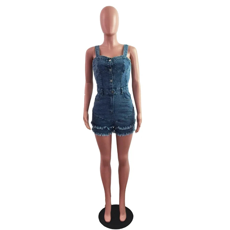 Sexy Slim Burrs Tassel Strap Jeans Jumpsuit Denim Playsuit Women  Buttons Elegance Cotton Jeans Woman Ladies Short Rompers