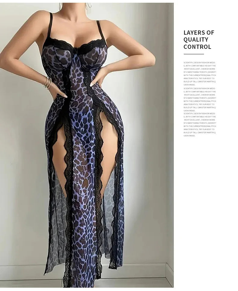 NEW Arrivals S-XL Size Blue/Brown Color Sexy Leopard Lace Mesh Long Sleeve V-Neck Home Sleepwear Set Strapless High Slit Comfortable Breathable Women Sexy Nightgown Nightdress