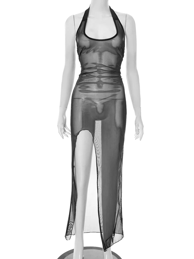 Coquette Sexy Dress Women Halter Backless Hipster Fall Trend Side Split Clubwear Skinny Midnight Party Maxi See Through Bodycon Night Clubwear Outfit