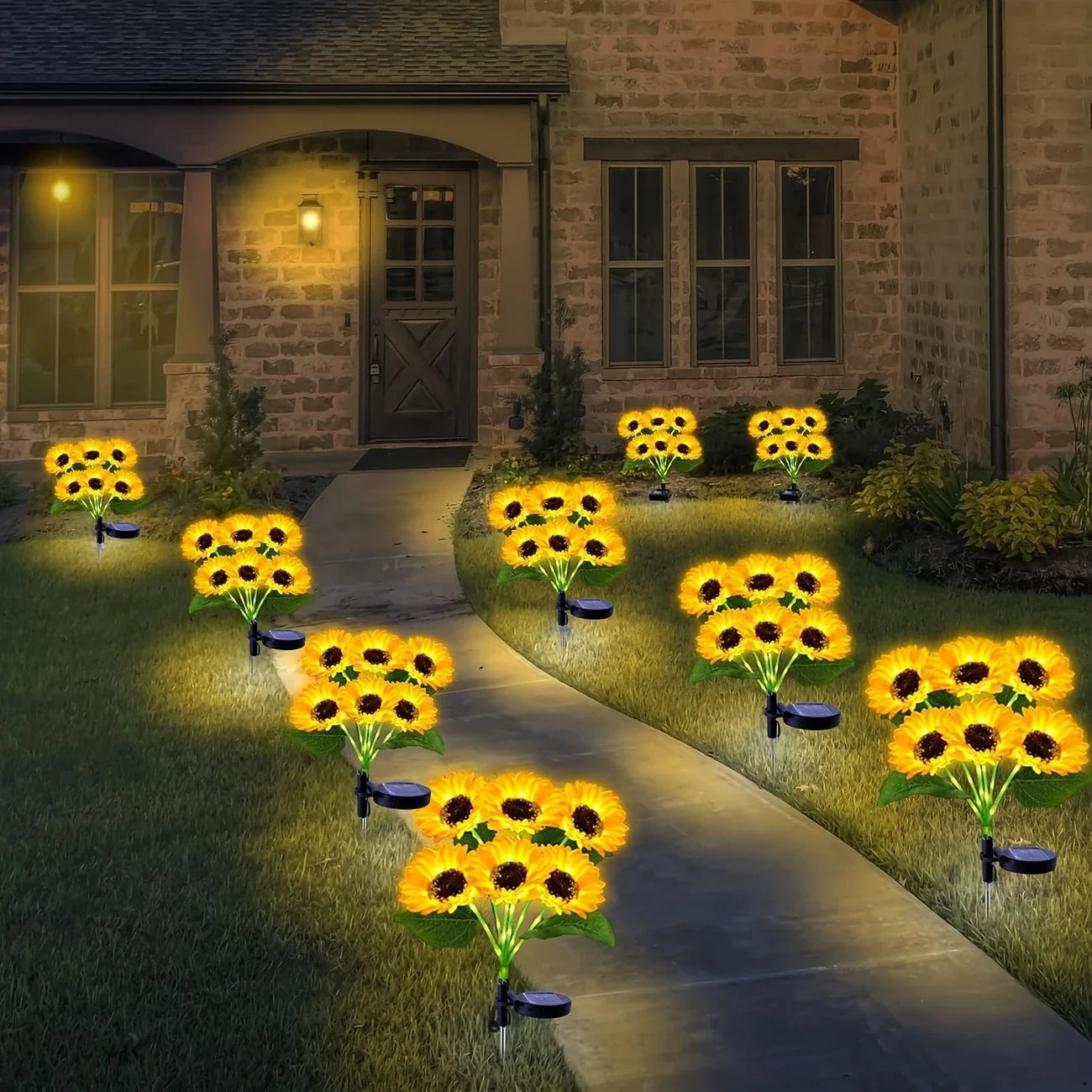 NEWEST 2PCS Set 75CM 6 Head Solar Simulation Sunflower with Luminous Pole LED Lights Garden Yard Lawn Night Lights Landscape Decor Lamps Home Garden Decoration Supplies