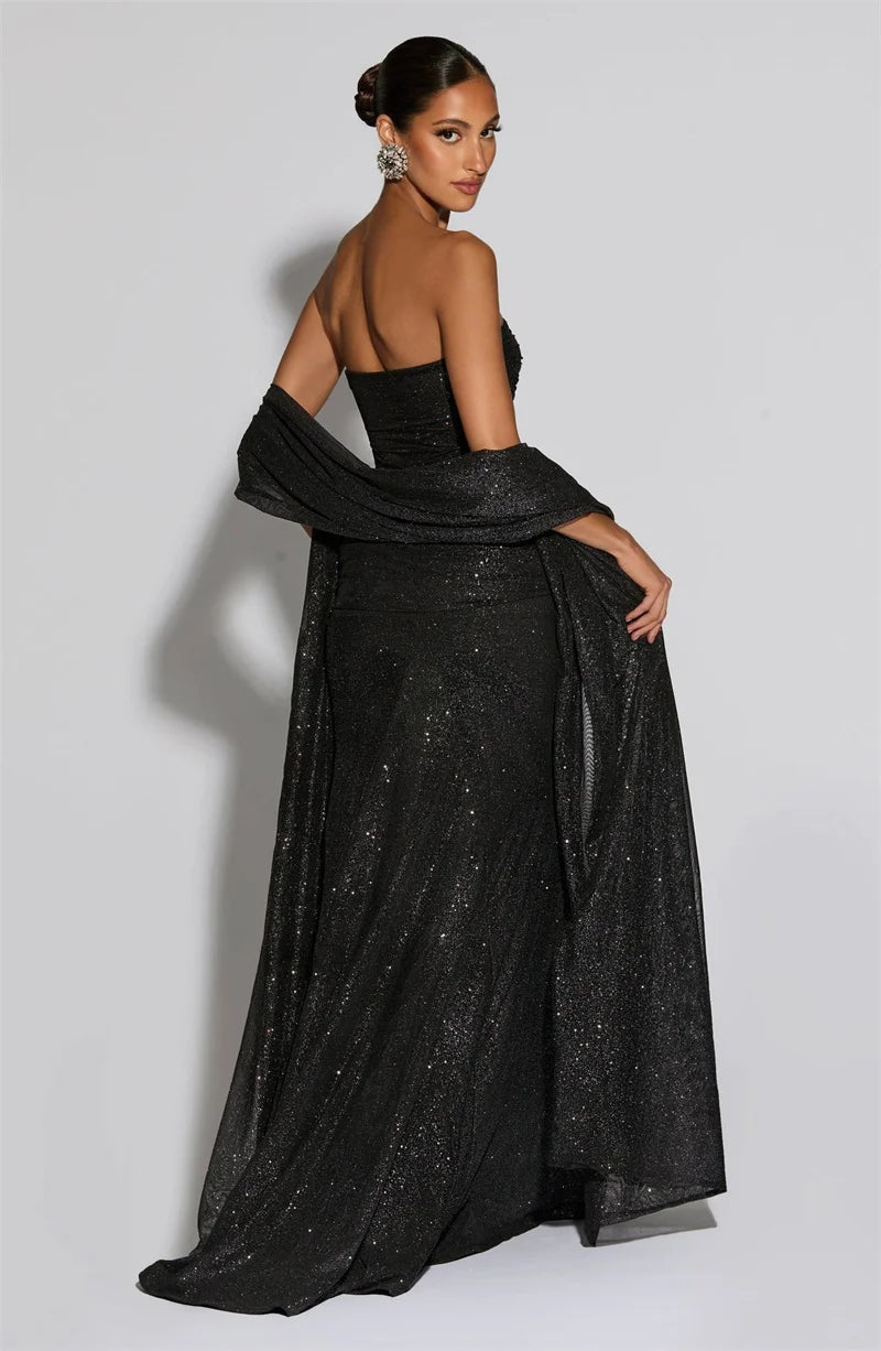Brown/Black Color Sparkle Strapless Draped Sexy Maxi Dress Women Elegant Off-shoulder Sleeveless Backless Ruched Club Party Long Dress