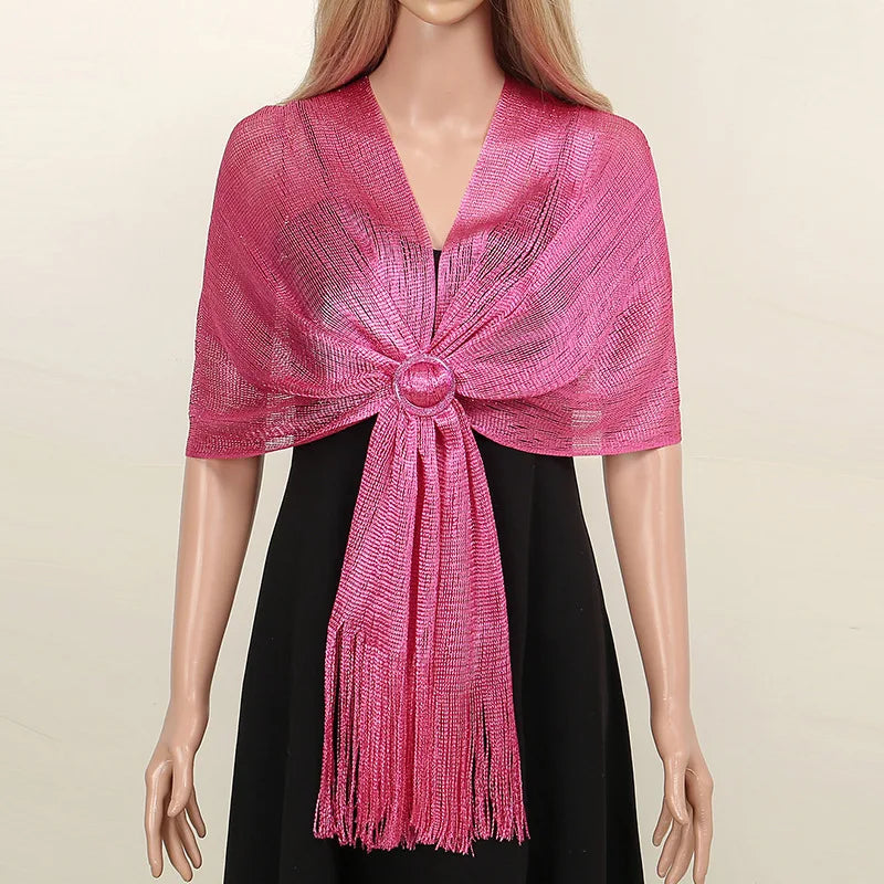 Sparkling Metallic Scarf with Buckle Female Evening Party Shawl Elegant Gold Silver Shiny Shawls for Bridal Wedding Wraps