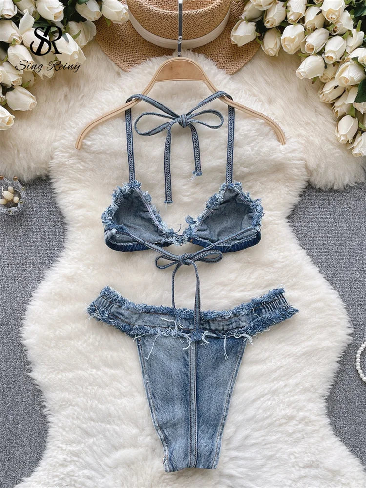 SINGREINY Beach Sensual Denim Sets Women Halter Straps Camis+Raw Edge Mini Briefs Underwear Fashion Lingerie Retro Erotic Suits