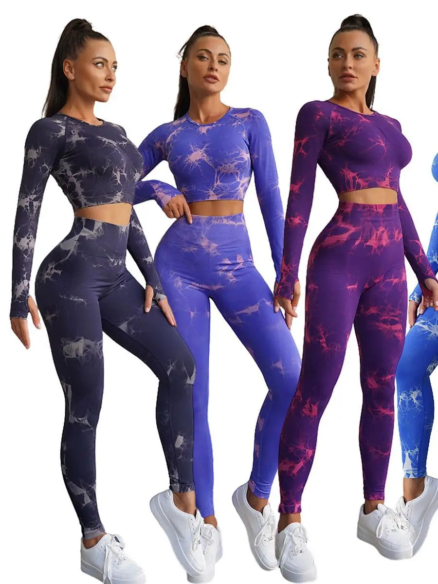 Yoga Sport Quick Dry Breathable Fitness Workout T-shirts Tie-Dye Yoga Set Women Long Sleeve Crop Top Printing Sportswear