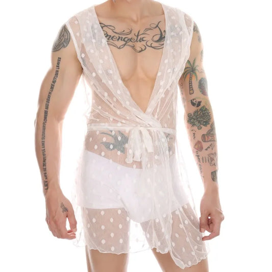 Lingerie Men Lace Hooded Night Robe Nightshirts Exotic See Through Slip Homme Hoodies Bathrobes Gay Nightrobe Robes Nightwear
