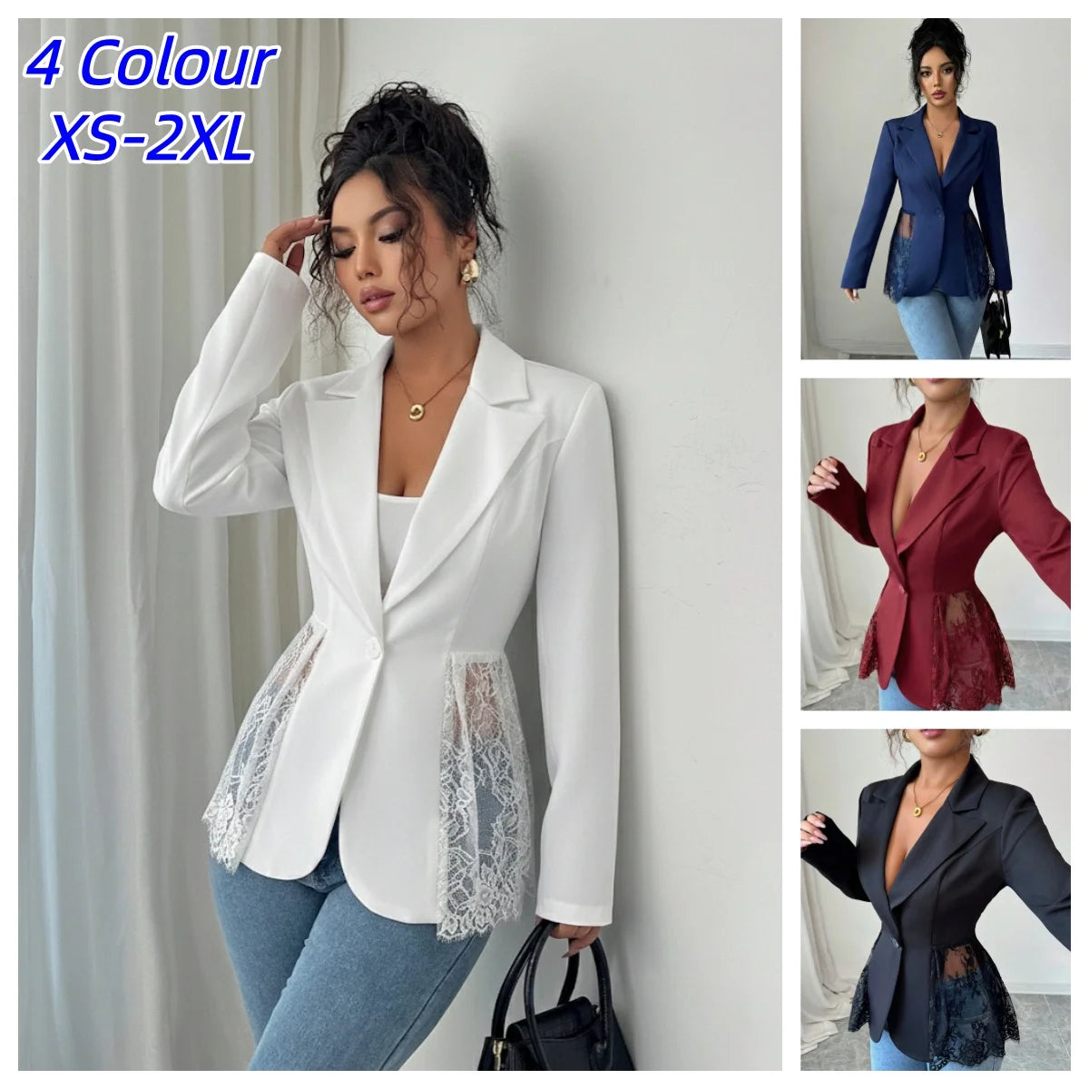 Just Arrived XS(6)- 2XL(18) UK Size 4 Colors Elegant Lace Patchwork Blazer Jacket Women Fashion Notched Collar Long Sleeve One-Button Perspective Sexy Versatile Suit Coat