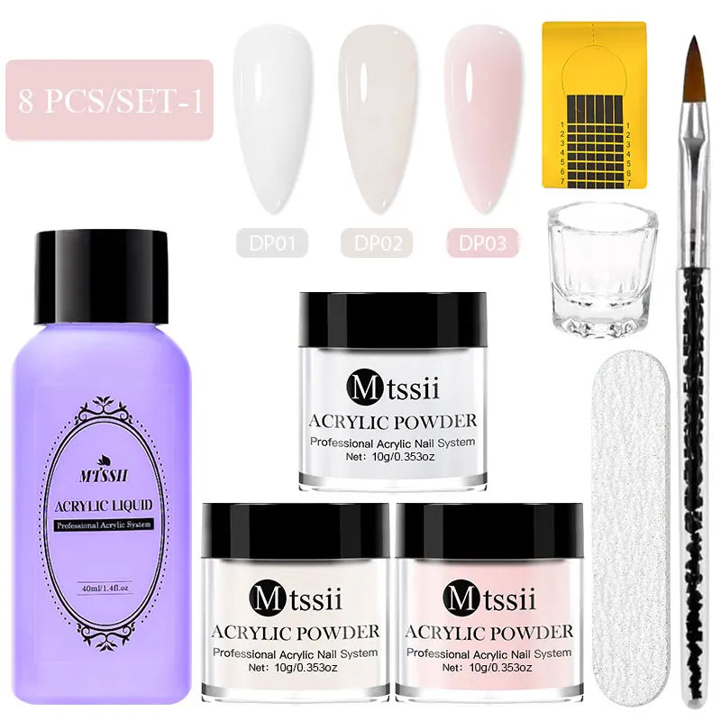 8pcs Nail Acrylic Powder Liquid Set Clear Nude Pink Monomer Liquid Set With Nail Brush For Nails Extension Carving Flower DIY Women Beauty Salon Spa Accessories Nail Care Tools Set