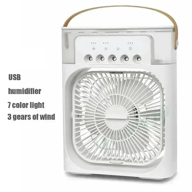 Save Energy Mini Portable Cooling Fan with USB Charging Water Mist Air Conditioner LED Lights Night Light for Home Office Desk Humidifier Cooling Devices.