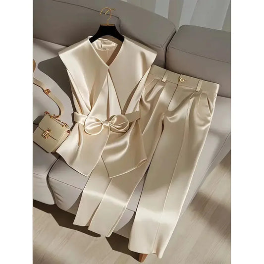 NEW 2PCS Set S-XL Italian Fashion Women Satin Celebrity Outfits Elegant OL Peter Pan Collar Bow Sleeveless Vest + High Waist Wide Leg Pants Ladies Business Trip Office Lady Formal Luxury Fashion Clothing Supplies