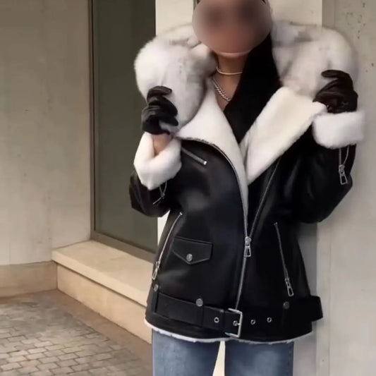 Women Sheep Leather One Fur Coat Parka Jacket Lining With Fox Fur Hood Trimming Warm Locomotive Suit Biker Jacket