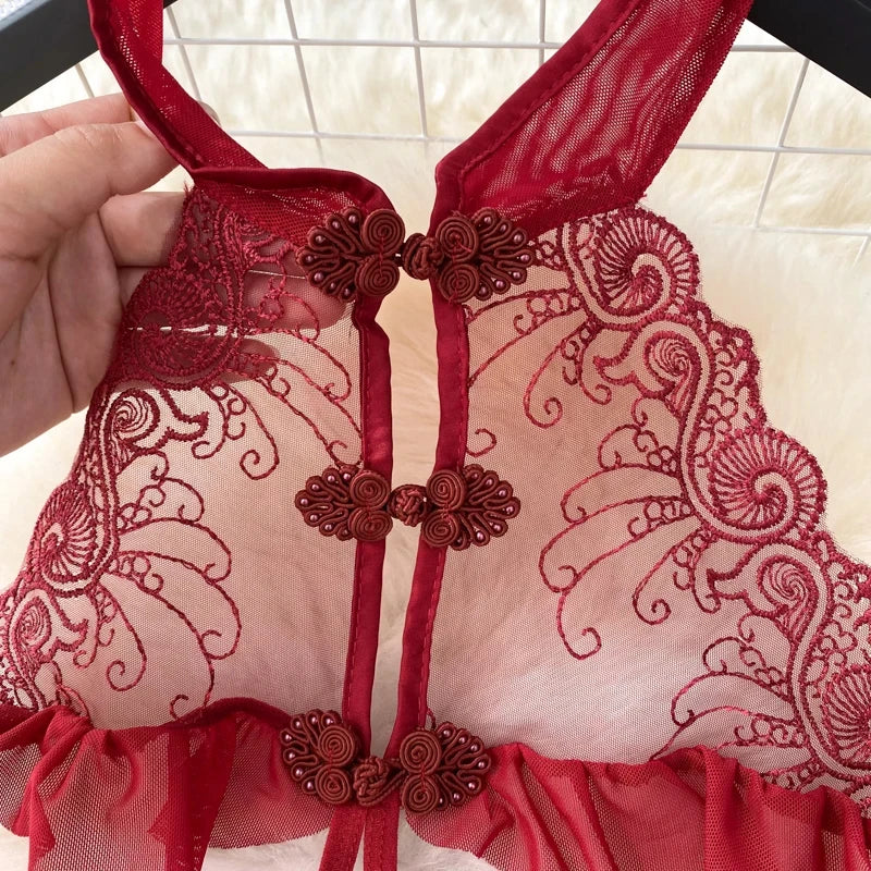 NEW Arrivals Red/Black See-Through Sleeveless Halter Playsuits Lace Sheer Open Crotch Lingerie Rompers Women Erotic Hollow Sexy Bodysuits Party Jumpsuit