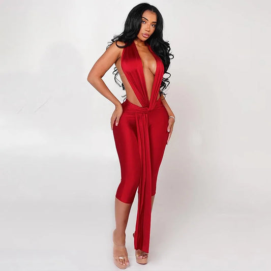 Black/Pink/Red Color Sexy Patchwork Halter Romper Women Ribbon Sleeveless Elastic Backless Workout Activewear Midnight Clubwear Prom Activity Slim Playsuits
